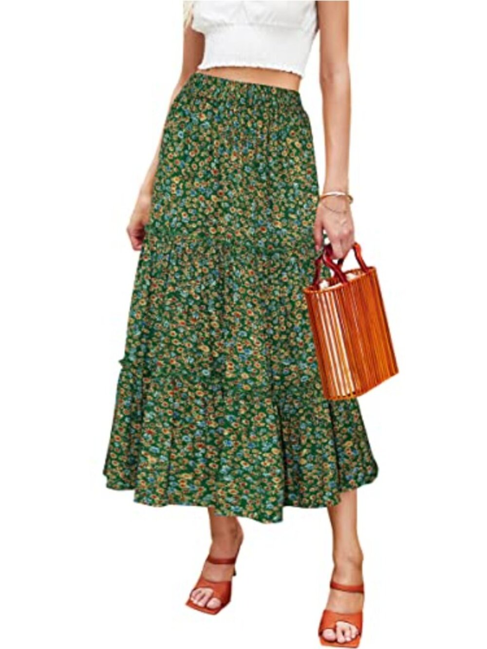 Floral Midi Skirt High Waist A-Line Swing Pleated Cotton Blend